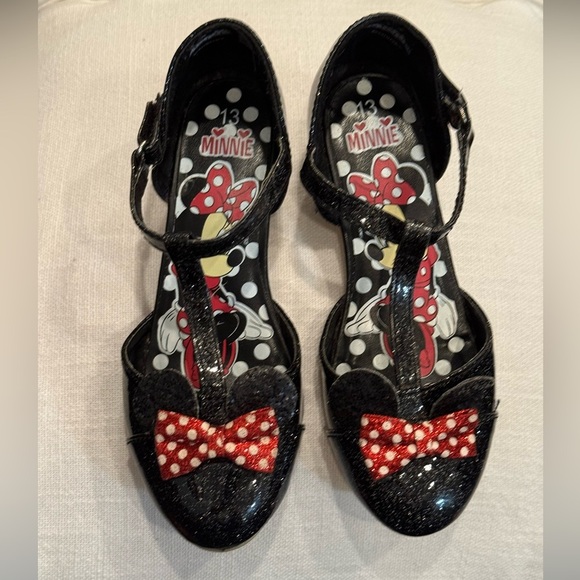 Minnie Mouse Black Glitter dress shoes with Red Polka Dot Bow/girls size 13 - Picture 2 of 12